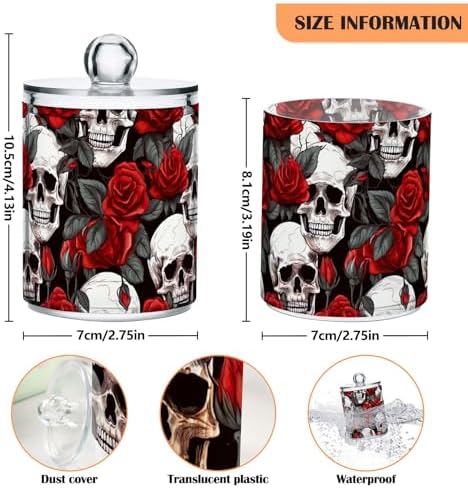 4 Pack Elegant Skulls with Red Roses Flowers Qtip Dispenser 10 Oz Apothecary Jars Clear Bathroom Storage Containers for Cotton Ball, Swab, Floss, Makeup Sponges, Hair Clip
