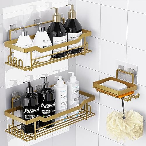 Shower Caddy Shelves Organizer Rack, 3 Pack Shower Caddy with Soap Holder,No Drilling Wall Mounted Self Adhesive Shower Shelves for Inside Shower,Matte Gold