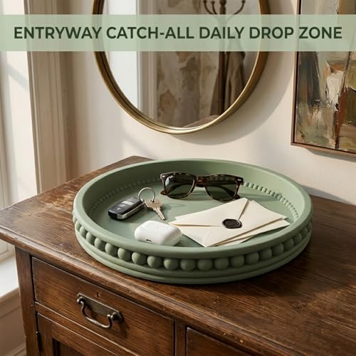 Round Solid Concrete Tray, Fluted Centerpiece for Coffee Table Decor 11"
