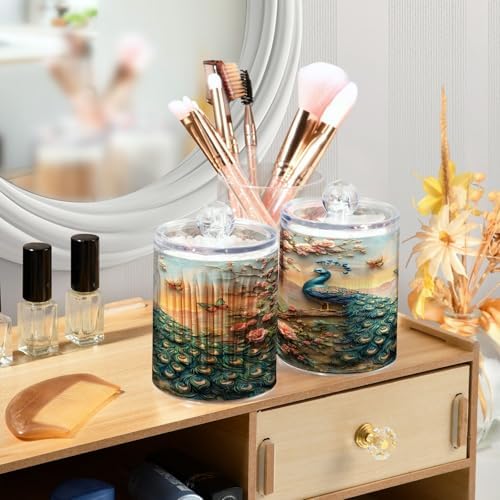 ALAZA Peacock Butterfly Peony 2 Pack Qtip Holder Dispenser for Cotton Swabs, Balls, Pads, Floss 10 oz Plastic Canister Organizer