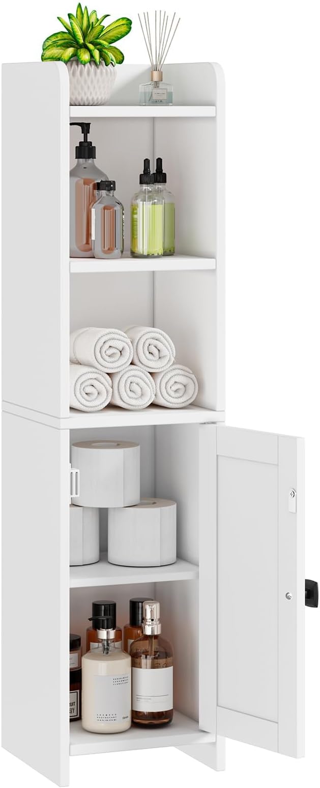 Lomojo Small Bathroom Storage Cabinet Corner, 7.87"Dx7.87"W x31.5"H (White) | Freestanding Narrow Toilet Paper Holder, Organizers for Bathroom Small Spaces Floor Cabinet with Adjustable Shelves and Door