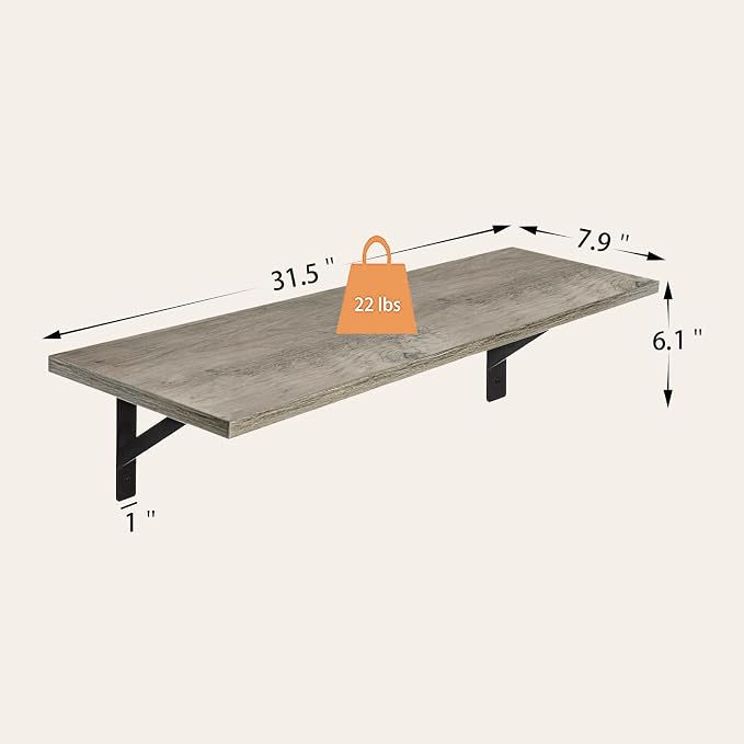 DINZI LVJ Long Shelf, 31.5 Inch Large Wall Mounted Shelves Set of 2, Easy-to-Install, Display Ledges with Sturdy Metal Brackets for Living Room, Bathroom, Bedroom, Kitchen, Laundry Room, Gray Wash