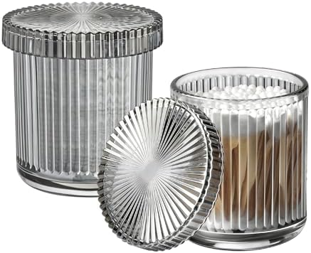 2 Pack Ribbed Glass Qtip Holder with Lid, Gray