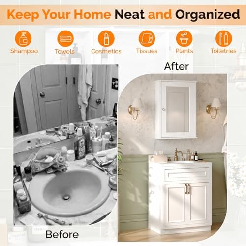 Bonnlo White Mirrored Medicine Cabinet - Wall Mounted Bathroom Storage Organizer with Single Door, 2 Adjustable Shelves & Magnetic Lock, Small Vanity Cabinet for Over the Toilet/Sink