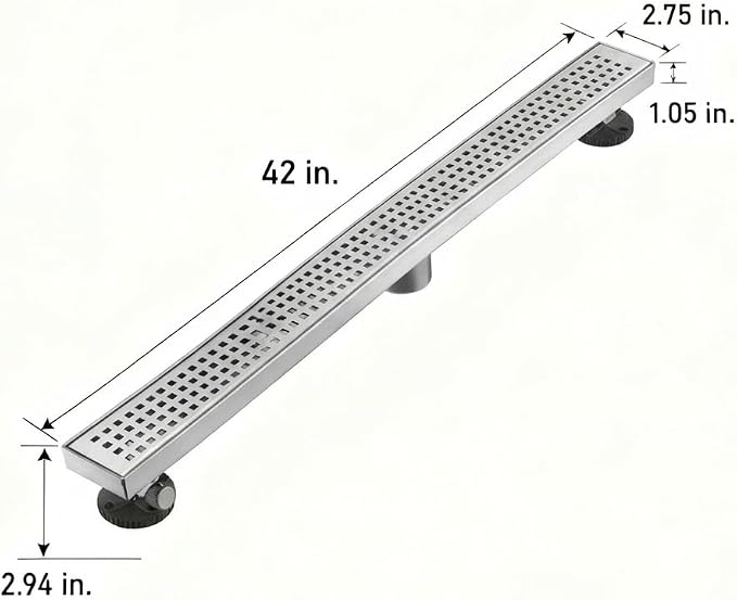 AVSIILE Linear Shower Floor Drain, Brushed Nickel 42 Inch 304 Stainless Steel Bathroom Drains Kit, Long Rectangular Shower Trench Drain with Square Pattern Drain Cover & Hair Catcher