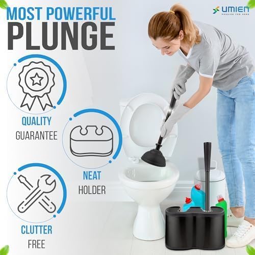 UMIEN 2-Pack Toilet Brush and Plunger Set, Matte Black, Long Handle | Toilet Brush + Plunger Combo, No-Rust Stainless Steel, Long Handle, Freestanding Canister