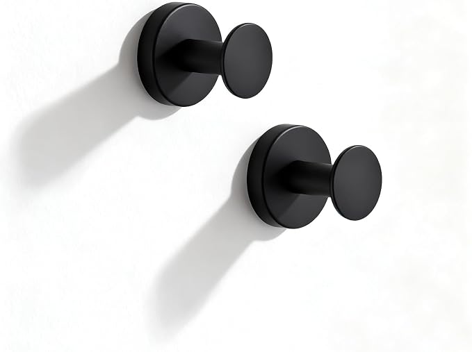 NEWRAIN Bathroom Towel Hooks, 2 Pack Towel Holder for Bathroom Wall, Cabinet Closet Door, Kitchen, Bedroom, Hotel - Modern Design Effortless Mounting Towel Hangers, Robe Hook Matte Black