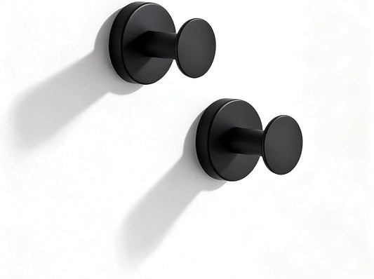 NEWRAIN Bathroom Towel Hooks, 2 Pack Towel Holder for Bathroom Wall, Cabinet Closet Door, Kitchen, Bedroom, Hotel - Modern Design Effortless Mounting Towel Hangers, Robe Hook Matte Black
