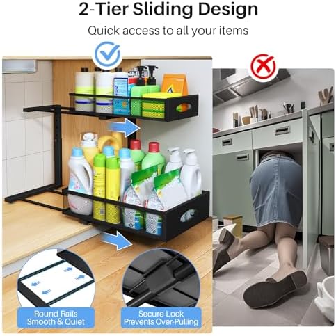 Under Sink Organizer, 2 Tier Pull Out Under Cabinet Organizer Shelf with Pad for Framed Cabinets, Metal Slide Out Under Sink Storage, Mesh Sliding Drawers for Kitchen Bathroom Laundry(Black, 1 Pack)