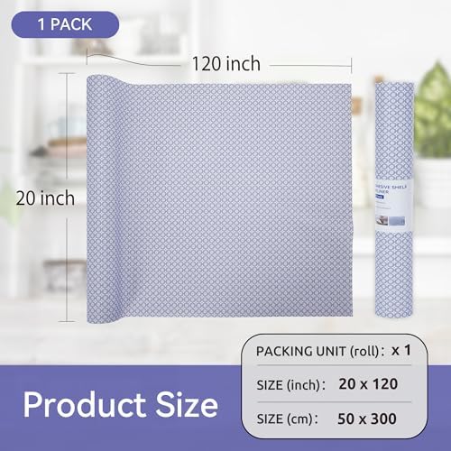 FIFTY FEET 20"x120" Non-Adhesive Shelf Liner for Kitchen Cabinets and Drawers, Washable Non-Slip PVC Cabinet Liner (Blue Circle)(1 Roll)