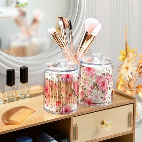 Pink Roses Qtip Holder Dispenser 2 Pack Clear Apothecary Plastic Jars Bathroom Counter Organizer for Cotton Pads, Cotton Ball, Cotton Swabs, Floss Picks 10 Oz