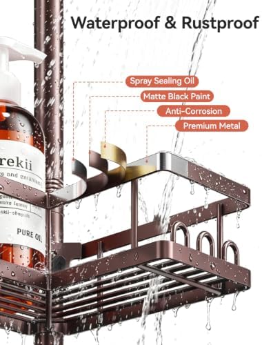 YASONIC Corner Shower Caddy Tension Pole, 25.7-109.1in Adjustable Shower Shelves, Rust-Resistant Shower Organizer, No-Drill 3-Step Installation, Bathroom Shelves for Renters & Family, Bronze