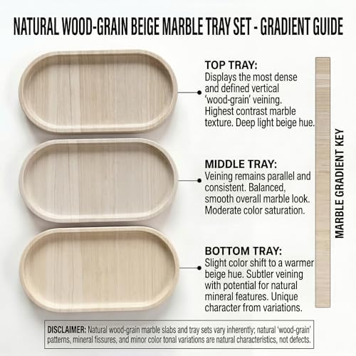 YKAJO Wooden Vein Beige Oval Marble Tray, 11.8x5.9 Perfume Organizer Dish