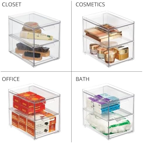 mDesign Stackable Storage Containers Box with 2 Pull-Out Drawers - Stacking Plastic Drawer Bins for Kitchen Pantry and Cupboard, Cabinet, Counter, Island and Tables - Lumiere Collection - Clear