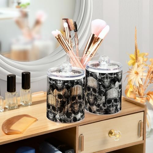 MNSRUU 2 Pack Qtip Holder Organizer Dispenser Black Goth Skull Bathroom Storage Canister Cotton Ball Holder Bathroom Containers for Cotton Swabs/Pads/Floss