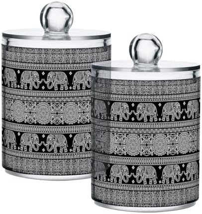MNSRUU 2 Pack Qtip Holder Organizer Dispenser African Tribal Elephant Bathroom Storage Canister Cotton Ball Holder Bathroom Containers for Cotton Swabs/Pads/Floss