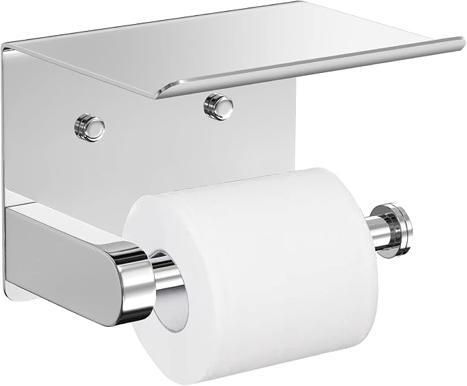 VAEHOLD Self Adhesive Toilet Paper Holder with Phone Shelf Stainless Steel Wall Mounted Toilet Paper Roll Holder - Bathroom Washroom Tissue Roll Holder with Storage Shelf - Bright Surface