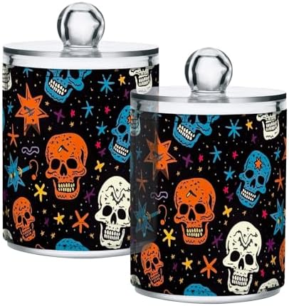 Colorful Skulls with Stars Clear Plastic Jars 2 Pack Clear Plastic Apothecary Jars Bathroom Vanity Organizer for Cotton Pads, Cotton Ball, Cotton Swabs, Floss Picks 10 Oz
