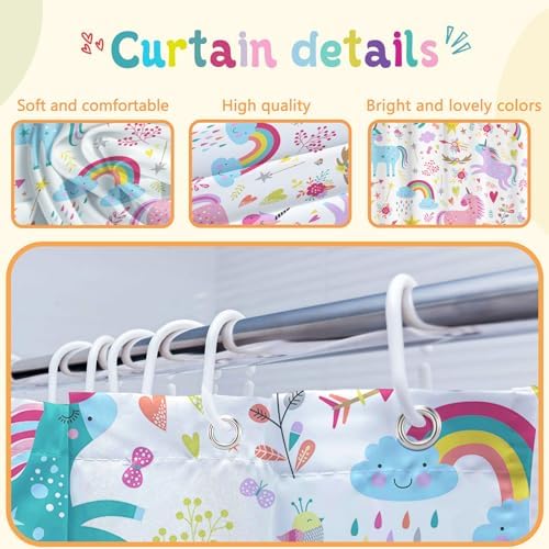 Unicorn Bathroom Set Colorful Pink 4 Pcs Shower Curtain Sets with Non-Slip Rugs Toilet Lid Cover and Bath Mat Set, Girls Ttoddler Bathroom Decor with 12 Hooks