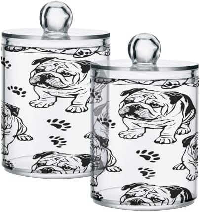 senya Clear Plastic Jars Cotton Swabs Cans, Bulldog Dog Paw Print Bathroom Canisters Storage Organizer with Lids 2PCs Set for Cotton Ball, Cotton Swab, flossers, Hair Bands