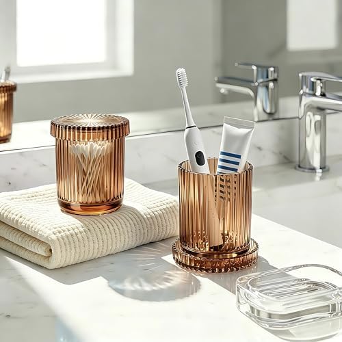 2 Pack Glass Qtip Holder Dispenser Set - Bathroom Organizer for Cotton Swabs, Balls, Pads, Floss Picks - Clear Apothecary Jars for Vanity, Makeup Storage, Bathroom Accessories Decor (Brown)
