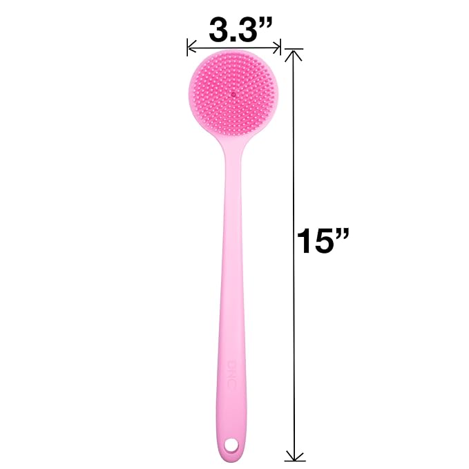 DNC Silicone Back Scrubber for Shower, Soft Bath Body Brush with Long Handle (Pink)