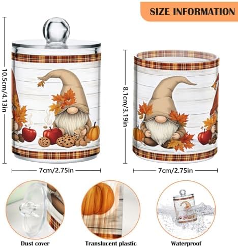 Gredecor 2 Pack Apothecary Jars with Lid Fall Gnome Maple Pumpkins Qtip Holder Dispenser Storage Containers Clear Plastic Cute Fall Autumn Thanksgiving Theme Canisters for Bathroom Vanity Organization