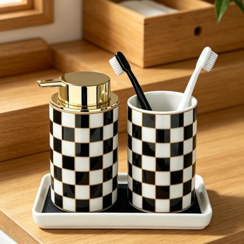 Black Gold Checkered Bathroom Accessories Set - Ceramic Soap Dispenser and Toothbrush Holder with Tray, Modern Black White Decor Lotion Dispenser for Bathrooms Kitchen Guest Room, Housewarming Gift