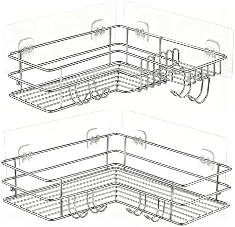 ‌2-Pack SUS304 Corner Shower Shelves - Adhesive Shower Organizer for Shampoo & Soap Storage, Space-Saving Bathroom Caddy Basket, Rust-Resistant Silver Shelf
