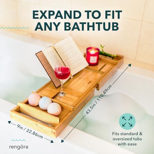 Expandable Bamboo Bath Tray for Tub – 43" Wooden Bathtub Caddy with Shelf – Spa Bathroom Decor & Accessories for Women – Bathtub Tray for Relaxation & Storage