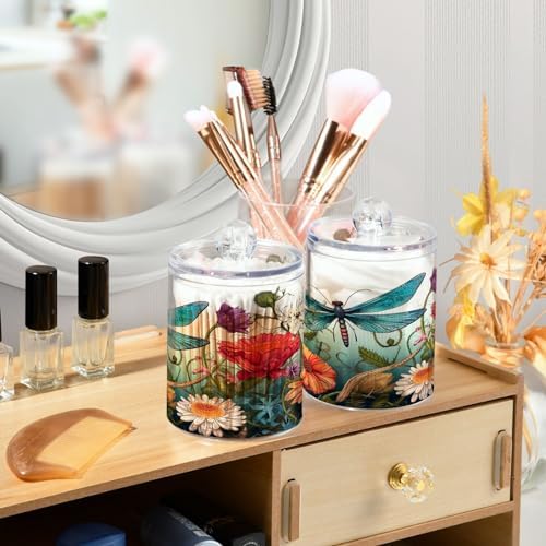 2 Pack Qtip Holder Dispenser with Lids, Dragonfly Flowers Floral Plastic Storage Containers,Bathroom Canisters Organizer for Cotton Ball, Cottons Swab, Cotton Round Pads, Floss 21214450