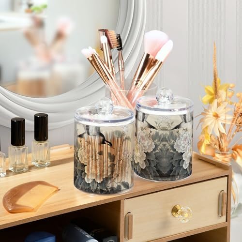 MNSRUU 4 Pack Qtip Holder Organizer Dispenser Retro Ink Peony Wild Goose Bathroom Storage Canister Cotton Ball Holder Bathroom Containers for Cotton Swabs/Pads/Floss