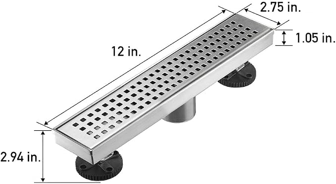 AVSIILE Linear Shower Floor Drain, Brushed Nickel 12 Inch 304 Stainless Steel Bathroom Drains Kit, Long Rectangular Shower Trench Drain with Square Pattern Drain Cover & Hair Catcher