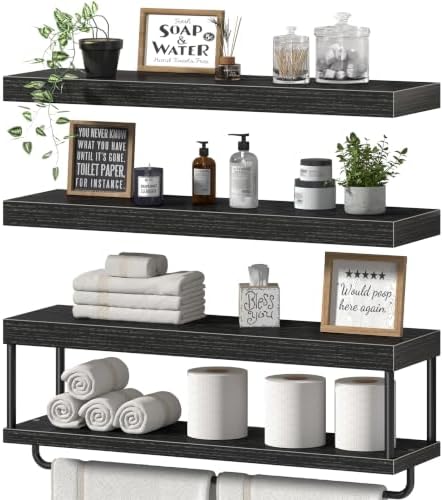 QEEIG Long Bathroom Floating Shelves Over Toilet (Black, Set of 3, 31.5")