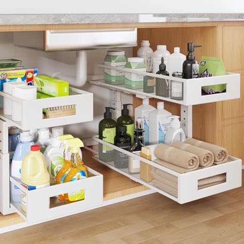 2 Packs 19IN Depth Under Sink Organizer, 2-Tier Pull Out Cabinet Organizer With Smooth Circular Rail, Large Capacity Metal Mesh Sliding Drawers For Bathroom& Kitchen Storage,Height Adjustable –White