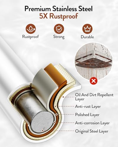 Orimade Corner Shower Caddy with 2 Hooks Wall Mounted Metal Bathroom Shelf Storage Organizer Adhesive No Drilling 2 Pack, White Only for 90-Degree Corner