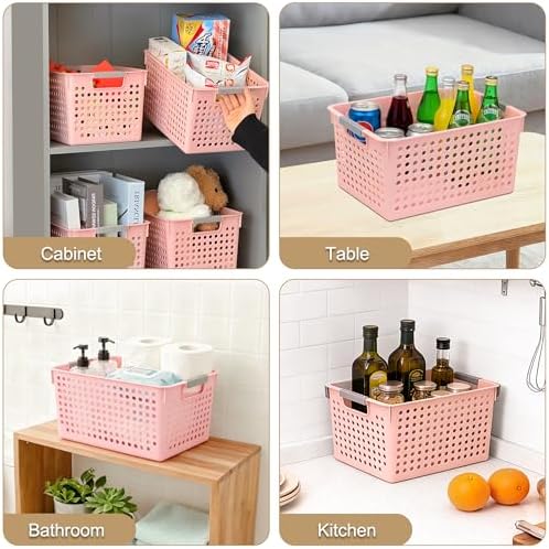 Soddeph 4 Pack Plastic Deep Storage Basket with Handles, Cubbies Organizer Bins with Hollow Design for Under Counter, Closet, Kitchen or Bathroom 12.3" × 8.7" × 6.9"(Pink, Medium)