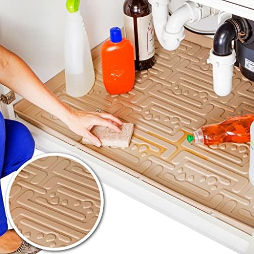 XTREME MATS Waterproof Undersink Mat (Beige 37" 1/4 x 19 1/4) Cabinet Base Liner for Bathroom Vanity Cabinets Catches Leaks Prevents Damage Flexible Driptray