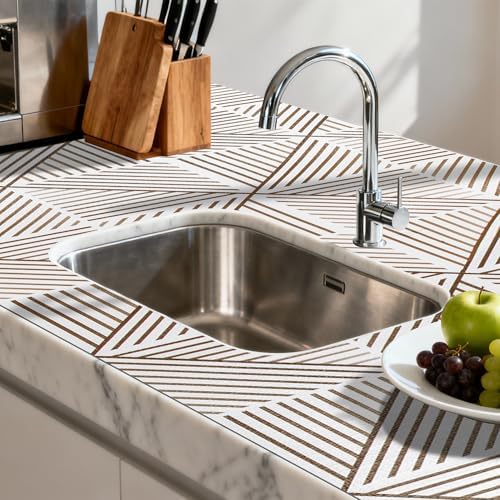 FIFTY FEET 18"x96" Non-Adhesive Shelf Liner for Kitchen Cabinets and Drawers, Washable Non-Slip PVC Cabinet Liner (Brown Modern)(9 Roll)