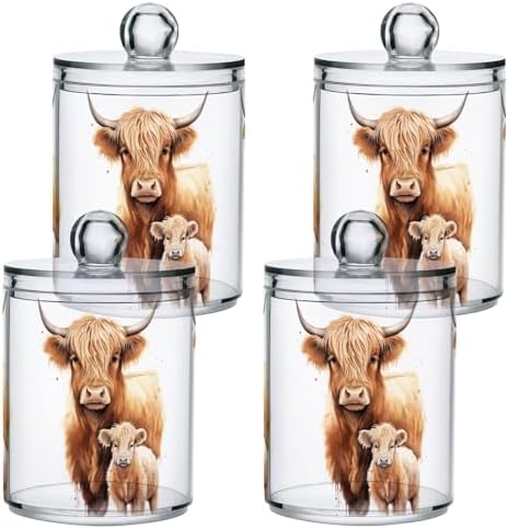 4 Pack Qtip Holder Dispenser with Lids, Highland Cow Plastic Storage Containers,Bathroom Canisters Organizer for Cotton Ball, Cotton Swab, Cotton Round Pads, Floss 21216458