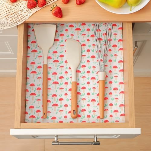 Cooyes 12 Pack Cloth Shelf Liners for Kitchen Cabinets, 17.7" × 24", Non-Slip Refrigerator Liners Machine Washable, Crisper Drawer Mats for Glass Shelves and Freezers, (Red Mushroom)