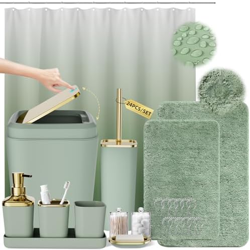 XLHOMO Sage Green Bathroom Set, Bathroom Sets with Shower Curtain and Rugs