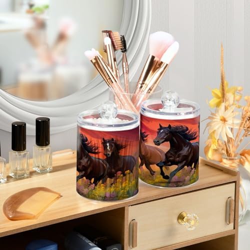 Horse Riders in The Sunset 2 Pack Clear Plastic Qtip Holder Dispenser Set,Bathroom Storage Canister for Cotton Swabs, Balls, Dental Floss,Pads,Organize with Apothecary Jars