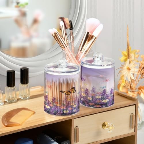 ALAZA Lavender Flower Butterfly Floral 4 Pack Qtip Holder Dispenser for Cotton Swabs, Balls, Pads, Floss 10 oz Plastic Canister Organizer