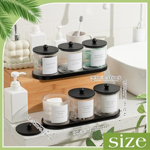 Vesici 6 Pack Bathroom Canisters Ribbed Apothecary Jars with Bamboo Lids 2 Bamboo Trays and 9 Label Stickers Cotton Swabs Holder Bathroom Organizer Storage Set Acrylic 18 oz Dispenser Container(Black)