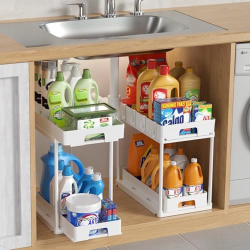 Delamu Under Sink Organizers and Storage, 2 Pack Pull Out Kitchen Bathroom Cabinet Organizer, 2 Tier White Under Sink Storage for Bathroom Kitchen, Under Counter Storage Organizer with 8 Hooks
