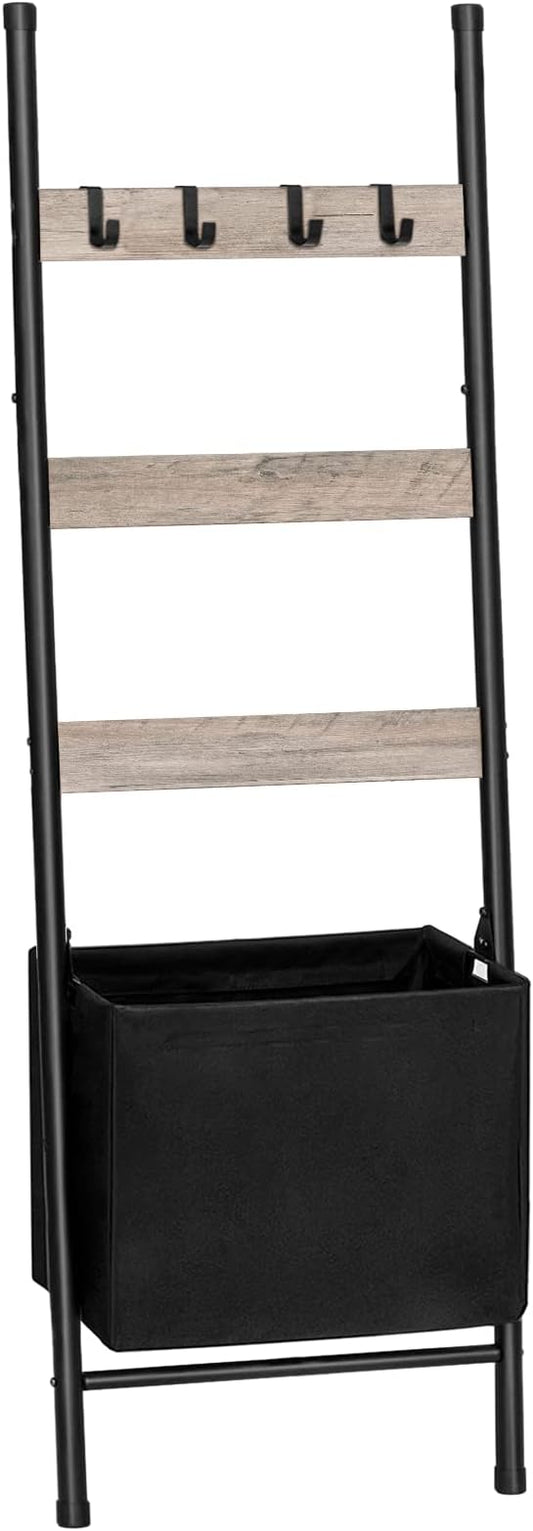 HOOBRO Blanket Ladder with Basket, 17.3”L x 63.4”H, Towel Rack with Hooks, Blanket Holder Rack, Decorative Ladder Shelf, Drying and Display Rack for Bathroom, Living Room, Greige BG31CJ01