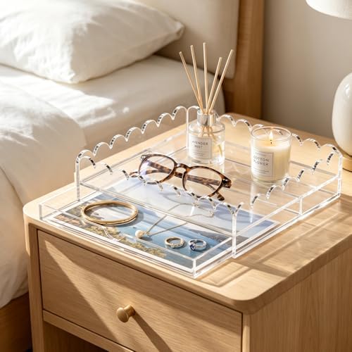 Scalloped Acrylic Tray, 10 x 12 Inch Acrylic Organizer Tray Insert 1” Height Drawer for Vanity Makeup Lipstick Bathroom Countertop, Clear Decorative Tray for Insert Needlepoint Customizable Home Decor