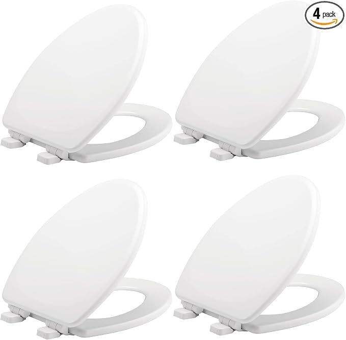 Mayfair Linden Slow Close Toilet Seat, Non Slip Heavy Duty Wood, Easy Install, Made in USA, Elongated, White, 4 Pack