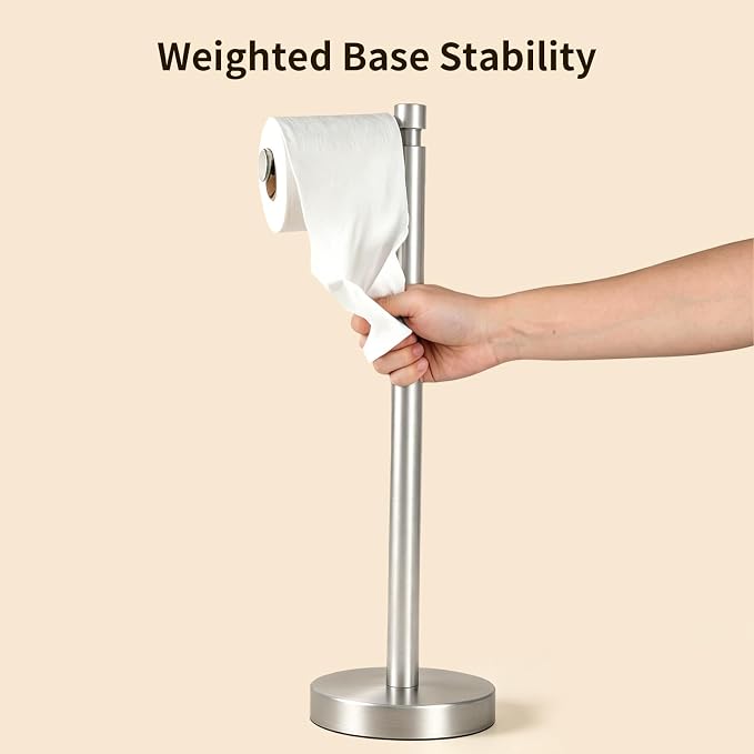 Toilet Paper Holder Stand, Heavy Duty Stainless Steel Free Standing Bathroom Tissue Roll Holder, Brushed Nickel | Stainless Steel Design with Open-Arm Access for Bathrooms and Powder Rooms